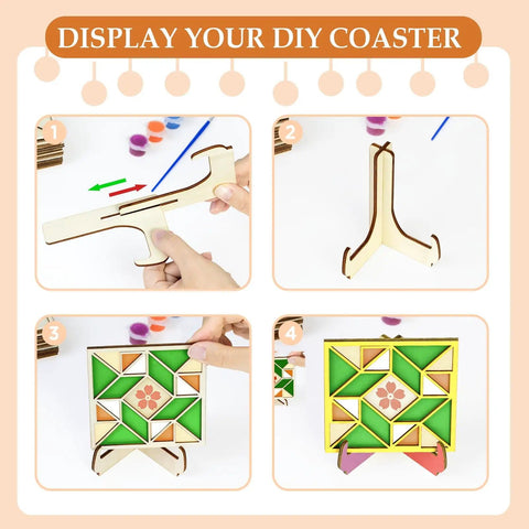 Wooden Coaster Painting Kit With Wood Stand for Adults Teens and Seniors Barn Quilt Pattern Arts and Crafts DIY Fun Gift for Beginners Women and the Elderly, assembly of stand and display of painted coasters.