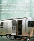 Dead Set Secure Heavy Duty Aluminum RV Door Holder And Trailer Latch For Camper And Cargo Van with an Airstream camper exterior.