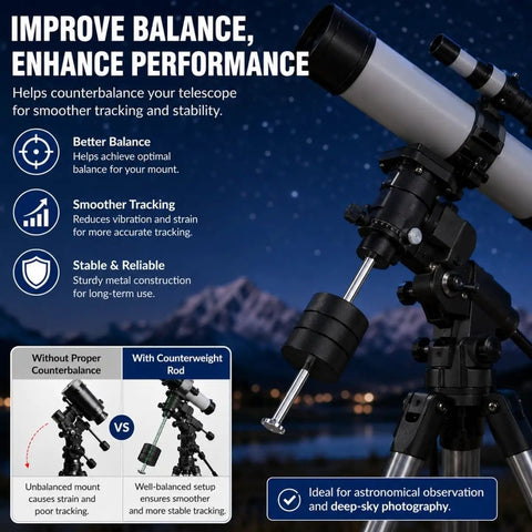 Telescope with Counterweight Rod For Telescope 12mm By 21cm 8.3in Metal Balance Shaft in use against mountain backdrop.