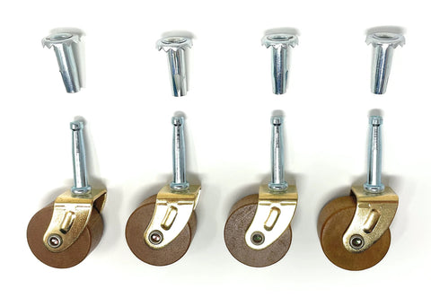 Medium One And Five Eighth Inch Hardwood Casters Pack Of 4 Replacement For Vintage Furniture Restoration For Hoosier Cabinets And Chairs Classic Antique Mobility Casters Move Pieces Smoothly While Preserving Original Character, showing 4 wood wheel casters with metal stems.