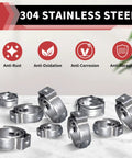 Pack Of 100 1/2 Inch Stainless Steel Pex Cinch Clamp Rings For Pex Tubing Pipes, 304 Stainless, showcased with features chart