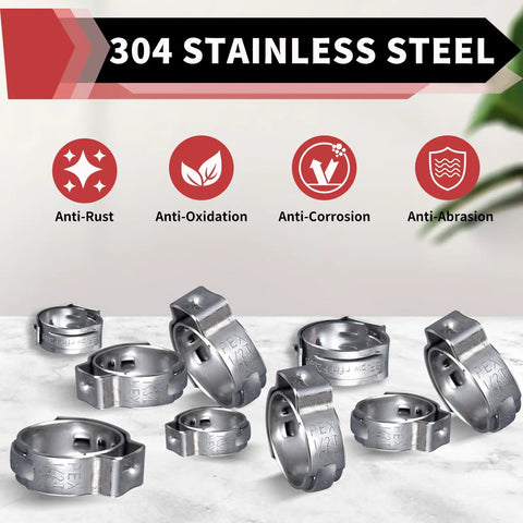 Pack Of 100 1/2 Inch Stainless Steel Pex Cinch Clamp Rings For Pex Tubing Pipes, 304 Stainless, showcased with features chart