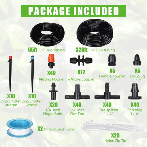 394 Ft Drip Irrigation Kit For Garden And Lawn With 1/2 Inch Hose And 1/4 Inch Distribution Tubing, Adjustable Misting Nozzles