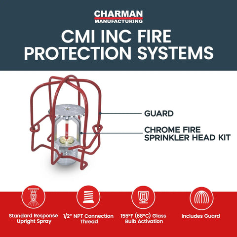 Heavy Duty Chrome Fire Sprinkler Head Kit With Half Inch Npt Upright Spray Plus Wrench Head Guard And Escutcheon UL Listed, showing chrome head with guard.