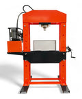 Heavy Duty 100 Ton Shop Press With Dual Hydraulic Rams And 125 PSI Air Assist, orange steel frame, forward view, includes electric motor.