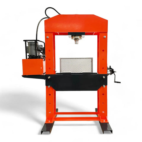 Heavy Duty 100 Ton Shop Press With Dual Hydraulic Rams And 125 PSI Air Assist, orange steel frame, forward view, includes electric motor.