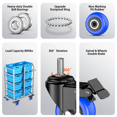 Tough As Nails Heavy Duty Caster Wheels 2 Inch Swivel Type Featuring 800 Pound Capacity and Smooth Rolling Performance image showing heavy-duty bearings and dustproof ring.
