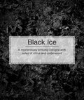 Car air freshener label in Black Ice scent, showing notes of citrus and cedarwood on dark background.