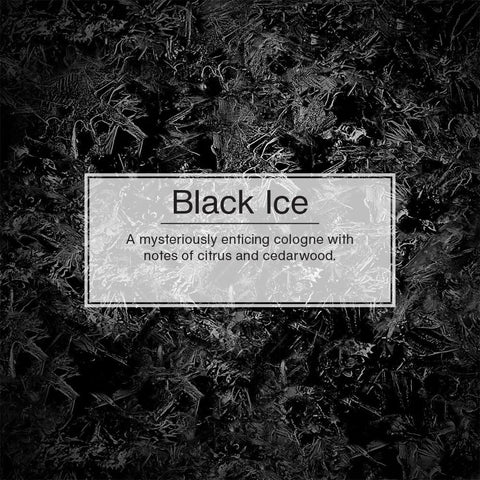 Car air freshener label in Black Ice scent, showing notes of citrus and cedarwood on dark background.