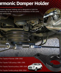 Crankshaft Damper Pulley Holding Tool installed on Toyota 3.4L V6 engine, showing use in maintenance and repairs on Toyota pickups.