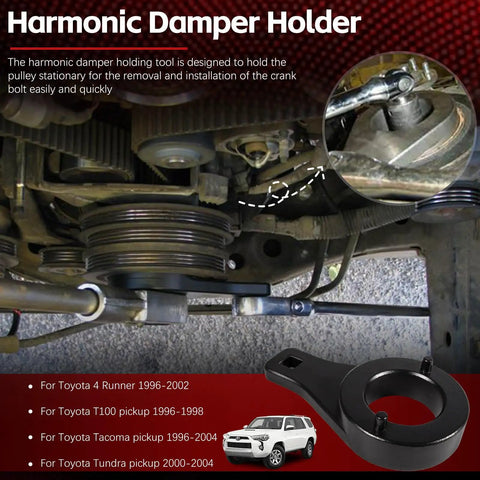 Crankshaft Damper Pulley Holding Tool installed on Toyota 3.4L V6 engine, showing use in maintenance and repairs on Toyota pickups.