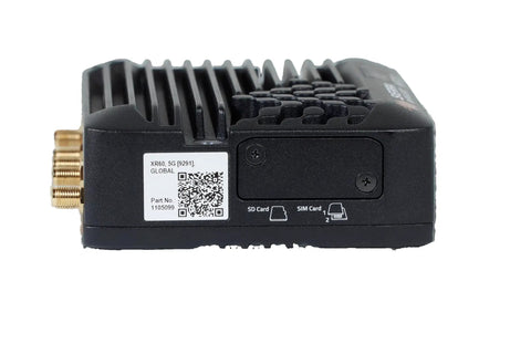 Close-up rear view of XR60 5G Router With 4x4 MIMO And Global Coverage showing serial ports and SD/SIM card slots.