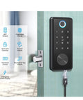 Badass Fingerprint Smart Door Lock Retrofit for Easy Install on Existing Handles, showing keypad and biometric scanner.