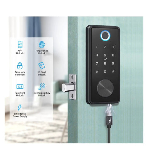 Badass Fingerprint Smart Door Lock Retrofit for Easy Install on Existing Handles, showing keypad and biometric scanner.