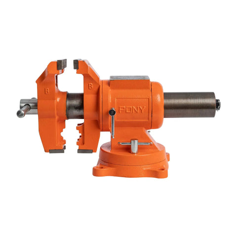 Heavy Duty 5 Inch Multi Purpose Swivel Base Bench Vise With 3 Jaw Styles Rotates 360 Degrees, 3-3/8 Inch Opening, orange ductile iron body