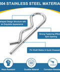R Shaped Cotter Pin Hairpins Kit In 304 Stainless Steel close-up showing split opening and R-shaped design with features text overlay.