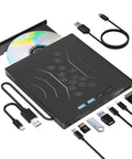 7 In 1 External CD DVD Drive For Laptop With USB 3.0 And Type C Support, Fast Data Transfer Up To 5 Gbps, Backward Compatible With USB 2.0 And USB 1.1, Reads And Burns CDs And DVDs, Plug And Play, Portable External Drive with USB-C and USB-A cables, SD and TF card slots