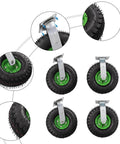 10 Inch Pneumatic Caster Wheels 4 Pack Rubber Air Tires Galvanized Brackets close-up view with detailed green steel mount.
