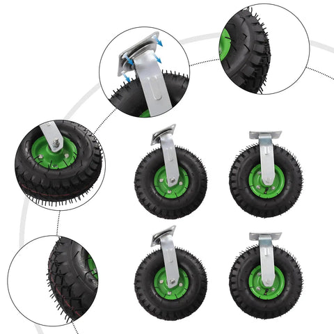 10 Inch Pneumatic Caster Wheels 4 Pack Rubber Air Tires Galvanized Brackets close-up view with detailed green steel mount.