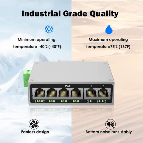Rugged Industrial 4 Port Full Gigabit PoE Switch With 60W UL Power Supply 2 Gigabit Uplink Ports shown in temperature range settings.