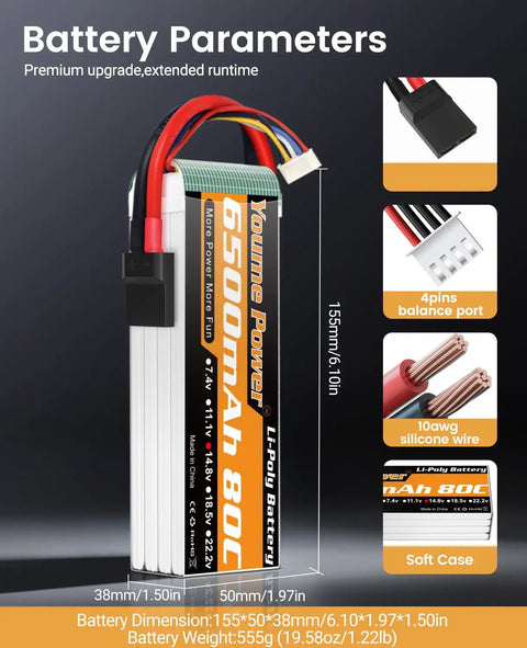 Two Pack 4S 6500mAh 80C LiPo Battery With Soft Case And TR Connector For 1/7 And 1/8 Scale RC Cars Trucks Truggy Buggy Aircraft Drones Boats Models XMaxx Compatible High Power Extension For Long Run Time, showing battery dimensions and components.