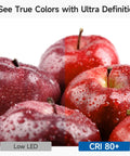 Split image showing apples under low LED and CRI 80+ light to demonstrate color accuracy with 12 Pack E12 Candelabra LED Bulbs 60W Equivalent Daylight 5000K.