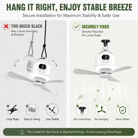 Illustration of hanging techniques for 11 Inch Wireless Portable Camping Fan With Light And Remote 10040mAh Battery USB Rechargeable.
