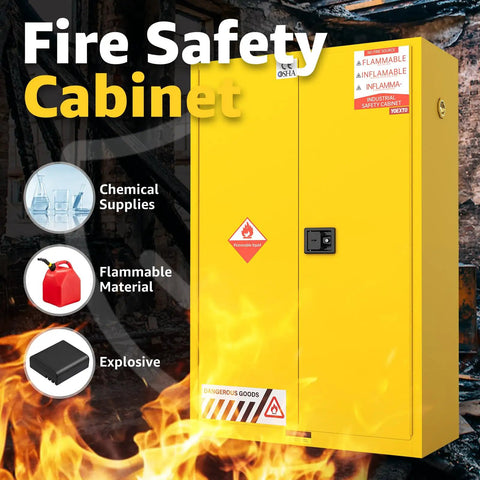 60 Gallon Safety Storage Cabinet With Spill Sump And Vent Ports For Flammable Chemicals Double Door Locking Cabinet Leak Collection Base Heavy Duty Chemical Storage For Lab Or Shop Built Tough For Pros. Yellow steel fire safety cabinet for flammable supplies.