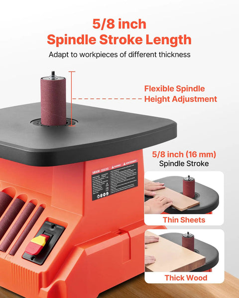 Heavy Hitter Benchtop Oscillating Spindle Sander With 2400 RPM Drive And Six Quick Change Sleeves for 5/8 inch spindle stroke and height adjustment.