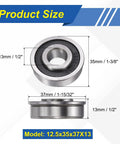 Flanged Ball Bearing 2 Pack With Half Inch Bore And Outer Diameter One And Three Eighths Inches One Half Inch Thick Beefy Heavy Duty Deep Groove Steel Replacements For Lawn Mower Wheelbarrow Cart And Hand Trolley size diagram, 12.5x35x37x13 mm