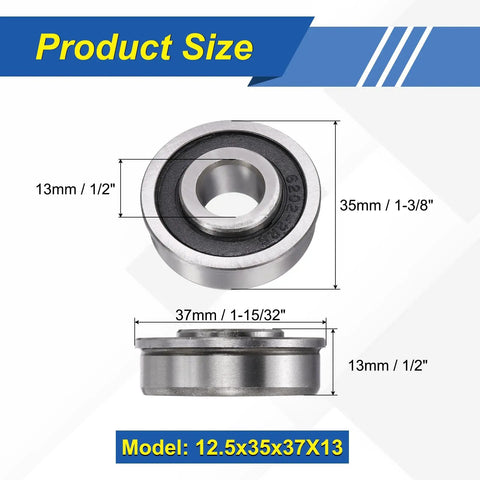 Flanged Ball Bearing 2 Pack With Half Inch Bore And Outer Diameter One And Three Eighths Inches One Half Inch Thick Beefy Heavy Duty Deep Groove Steel Replacements For Lawn Mower Wheelbarrow Cart And Hand Trolley size diagram, 12.5x35x37x13 mm