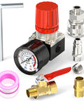 One Quarter Inch Air Regulator With Gauge, 0-180 PSI Inline Regulator For Air Tools And Pneumatic Systems, Four-Way Valve, Kit