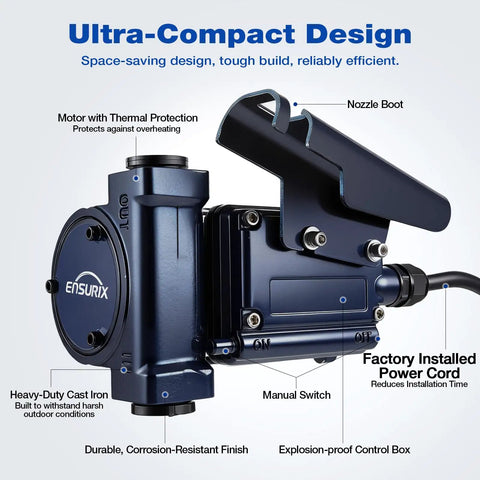 Heavy Duty 12V DC Fuel Transfer Pump 15 GPM With Auto Shutoff Nozzle Industrial Grade design with thermal protection and manual switch.