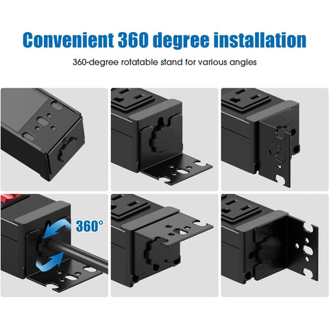 Rotating Mountable Power Strip With 12 Outlets And Wall Mount Heavy Duty Metal Surge Protector 360-degree installation view