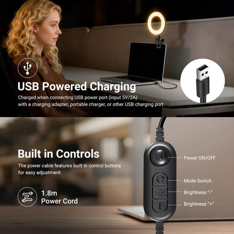 Clip On Desk Ring Light for Video Calls and Streaming, 5 Inch USB LED BR60 with Clip Mount on Laptop, controls shown