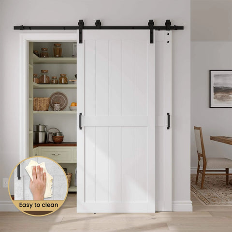 Installed 38 Inch By 84 Inch Bypass Barn Door With 6.6 Ft Track Hardware Kit Included, H Shape Solid Core MDF, White