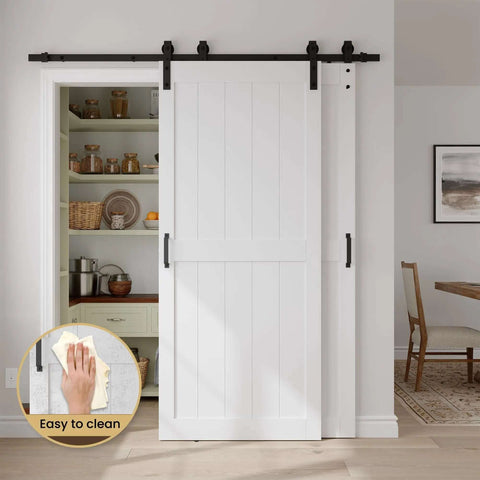 36x84 Inch Bypass Barn Door With 6.6 Ft Track Kit, white MDF with PVC surface, open to pantry, easy install and space-saving design.
