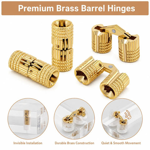 Built to Last Sleek Concealed Brass Barrel Hinges Set With 8mm Drill Bit and 180 Degree Opening, gold finish hinges display