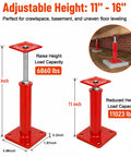 Heavy Duty House Leveling Floor Jacks Set Of Four Adjusts From Eleven To Sixteen Inches Handles Up To Eleven Thousand Pounds showing adjustable height and load capacity.