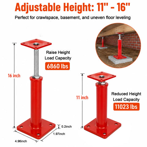 Heavy Duty House Leveling Floor Jacks Set Of Four Adjusts From Eleven To Sixteen Inches Handles Up To Eleven Thousand Pounds showing adjustable height and load capacity.