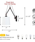 Set Of 2 Modern Matte Black Wall Sconces With White Fabric Shade, showing dimensions and bulb compatibility