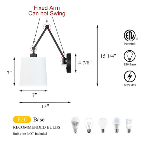 Set Of 2 Modern Matte Black Wall Sconces With White Fabric Shade, showing dimensions and bulb compatibility