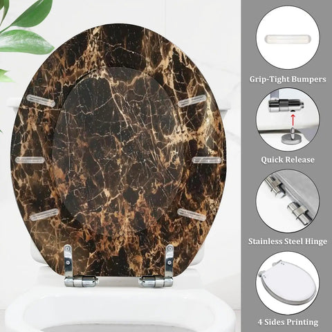 Replacement Round Toilet Seat with Quiet Close for Bathroom, marble design, grip-tight bumpers, 14.5" x 16.5" size.