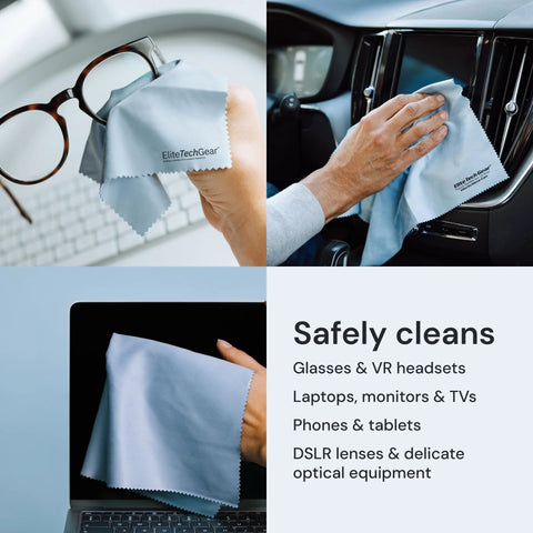EliteTechGear blue microfiber cleaning cloths, 12x12 in, 4-pack for glasses, car displays, and laptop screens.