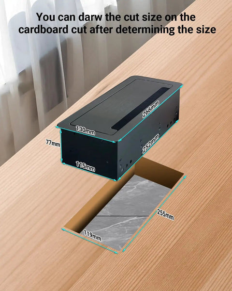 Installation guide for Table Power Multimedia Connectivity Box For Conference Rooms with dimensions and cutout in a wooden table.