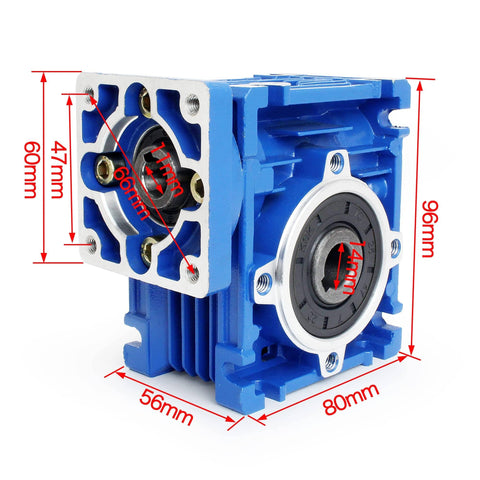 Blue NMRV030 40 To 1 Worm Gear Reducer Square Output 14mm Shaft for Nema23 Stepper Motor, dimensions labeled