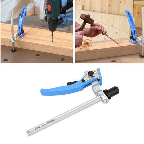 5/8 Inch Bench Dog Clamp 2 Pack Quick Ratchet Workbench Clamps With Non Slip Pad used in woodworking on workbench