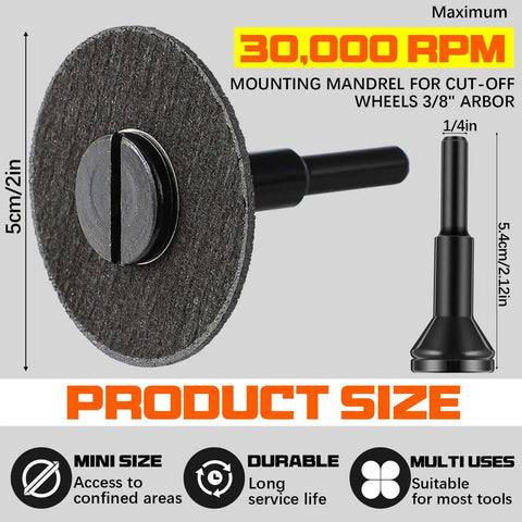 50 Pack 2 Inch Die Grinder Cut Off Wheels With Three Eighths Inch Arbor And One Quarter Inch Stem Mandrel Holder Kit showing product size.