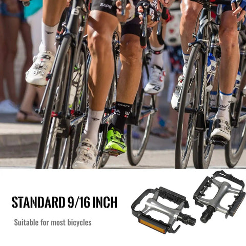 Flat MTB Bike Pedals Aluminum Replacement Set Non Slip Grippy For Mountain Bikes And BMX 9 16 Inch Size shown with cyclists