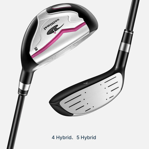 Close-up of Women's Complete Golf Club Set With Stand Bag Right Handed 11 Piece Including Driver Wood Hybrid Irons Sand Wedge Putter And 3 Headcovers Lightweight Carbon Shafts featuring 5 Hybrid.